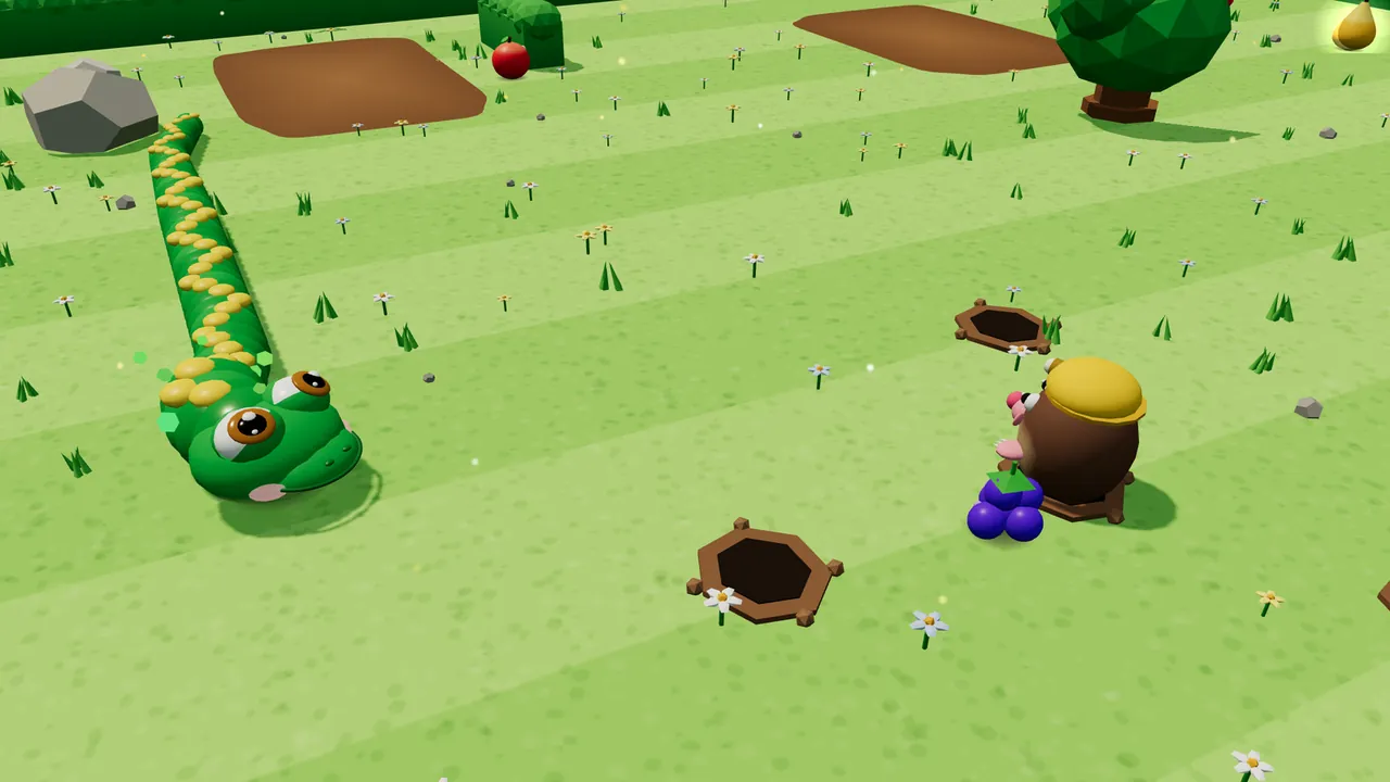 Milo, a green snake with yellow spots and big brown eyes, slides across a striped orchard lawn toward a mole in a yellow miner’s helmet that has just popped out of its hole behind a bunch of purple berries, with two more empty mole holes nearby, a gray rock, an apple, a patch of mud and a glowing golden pear in the background