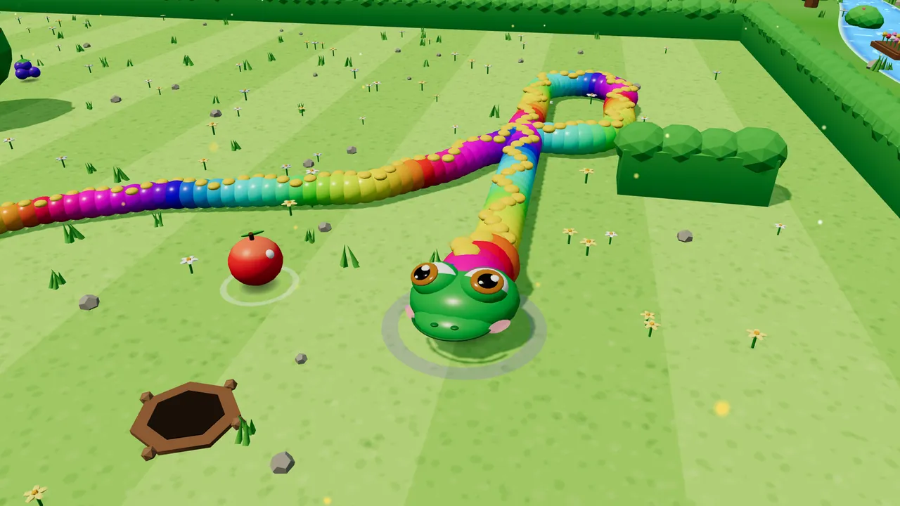 Milo the snake with his long body striped in every color of the rainbow, from red and orange to green, blue and pink, crossing over itself in a loop on the orchard lawn, his green head with big brown eyes in front, an apple and an empty mole hole nearby and a hedge and a stream in the back