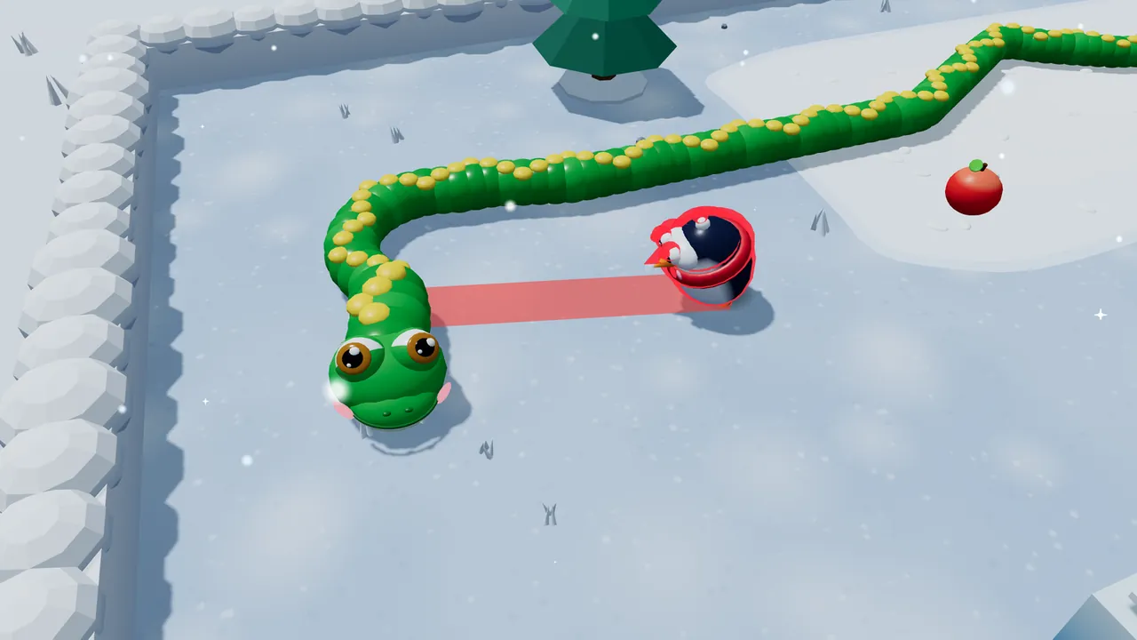 A snowy field inside a low wall of round snow blocks, with a pine tree at the top and a raised patch of snowfield on the right: Milo, a green snake with yellow spots and big brown eyes, curves around toward the camera in the middle, and a penguin in a red scarf, outlined in red, wiggles a few meters to the right of his head; a wide red lane runs from the penguin straight to Milo’s head, and a red apple sits on the snowfield behind them