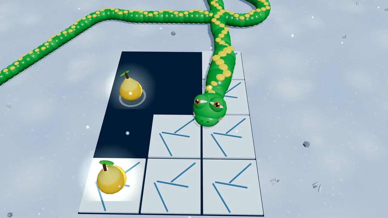 A raft of square white ice floes with blue cracks drawn on them, lying on the snow: Milo’s head rests on a floe on the right side of the raft, his long green body trailing back across the snow behind him; four floes on the left have sunk, leaving a dark navy hole, and one golden pear floats above the dark water while a second sits on the last floe in the bottom left corner