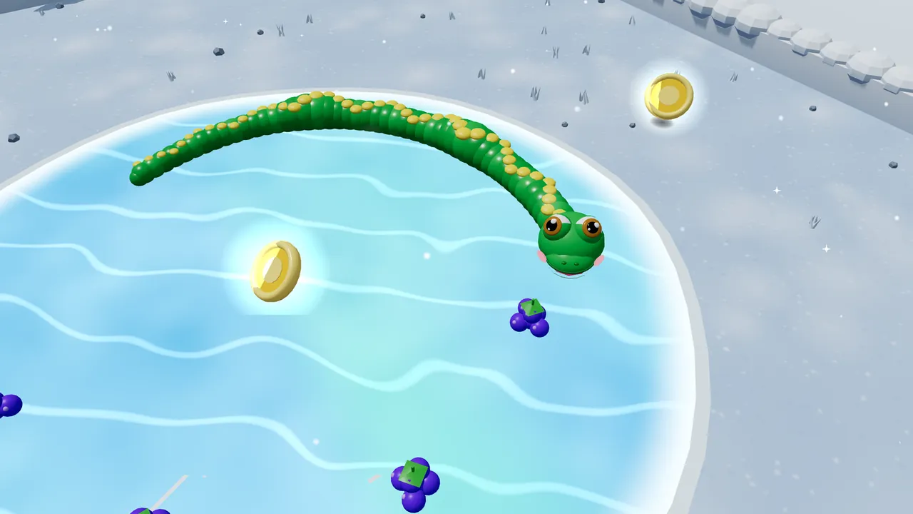 Milo, a green snake with yellow spots, skates in a wide curve around a golden Sun Coin in the middle of a frozen lake, with purple berries on the ice ahead and a second coin glowing on the snow