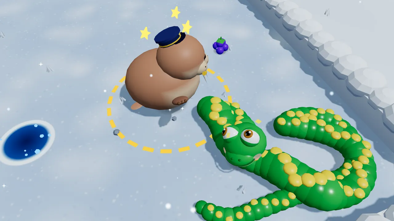 The Walrus Warden, a big round brown walrus with white tusks and a navy cap with a gold band, sits dizzy on the snow with three yellow stars circling his head, inside a dashed yellow ring; Milo, the green snake with yellow spots, curls up from the bottom right with his head right at the ring, and a round hole of icy blue water glows in the snow on the left, with a low wall of snow blocks along the top right
