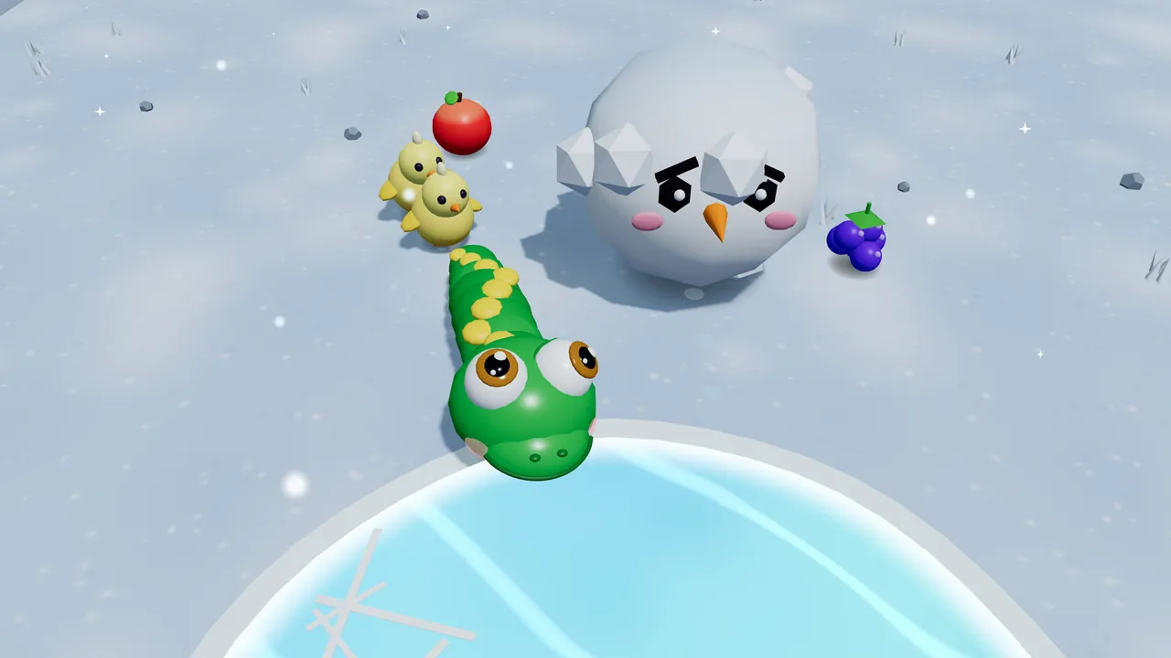 Close up on a snowy field: Milo, the green snake with yellow spots, faces the camera at the edge of a small frozen pond at the bottom, and two fluffy yellow chicks with little orange beaks waddle right behind his tail; to the right, a huge snowball with a grumpy face, black eyebrows, pink cheeks and a carrot nose rolls past, with a bunch of purple berries beside it and a red apple behind the chicks