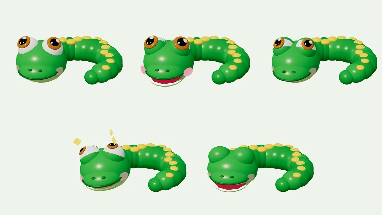 A model sheet of five green snakes on a plain pale green background, each curled with a row of yellow dots on its back: a calm Milo with wide amber eyes, a happy Milo with pink cheeks and an open red smile, a determined Milo with lowered, slanted lids, a dizzy Milo with off-center pupils and small yellow stars above his head, and a hurt Milo with his eyes shut tight and his mouth open
