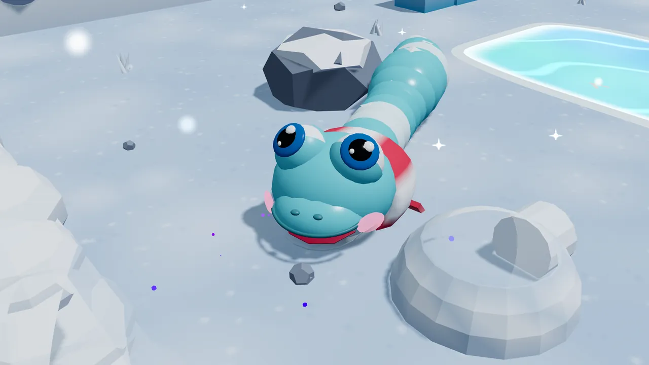 Frosty Mint, a pale blue snake with white stripes and big blue eyes, slides across the snowy ground of Frosty Fjord with a red and white scarf wrapped around the back of the head and its end trailing behind, past a gray boulder, a small igloo and a frozen pool of glowing blue ice, with snowbanks along the edge and snowflakes in the air