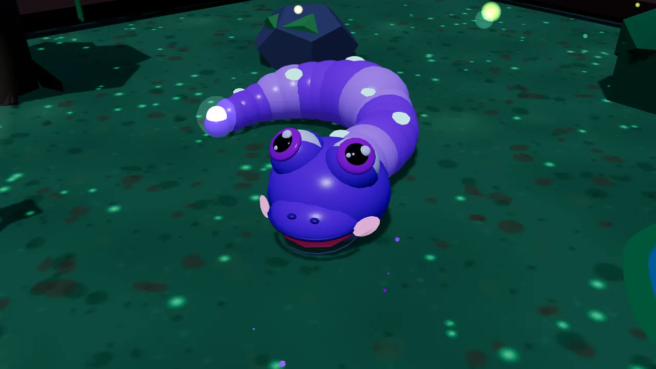 Lumi, a purple snake with lilac stripes, pale dots and a softly glowing white orb at the tip of the tail, curls across the dark green ground of the Glowshroom Jungle at night, which is speckled with glowing green spots, with a dark blue rock behind, a glowing yellow-green speck floating above and the edge of a blue pond at the right