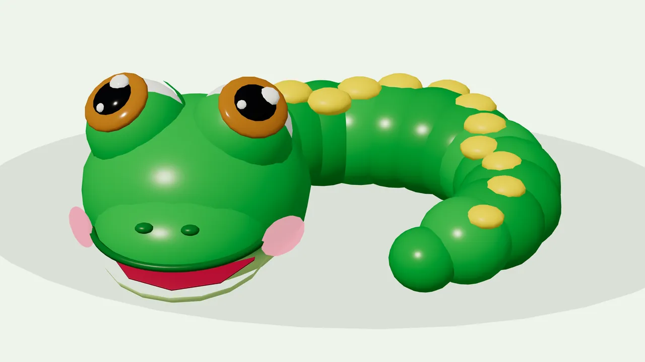 Milo, a glossy green snake, posed curled on a plain pale green background with a soft round shadow: big round eyes with amber irises and white highlights, pink cheeks, a wide open red smile and a row of yellow dots along his back down to the curled tail