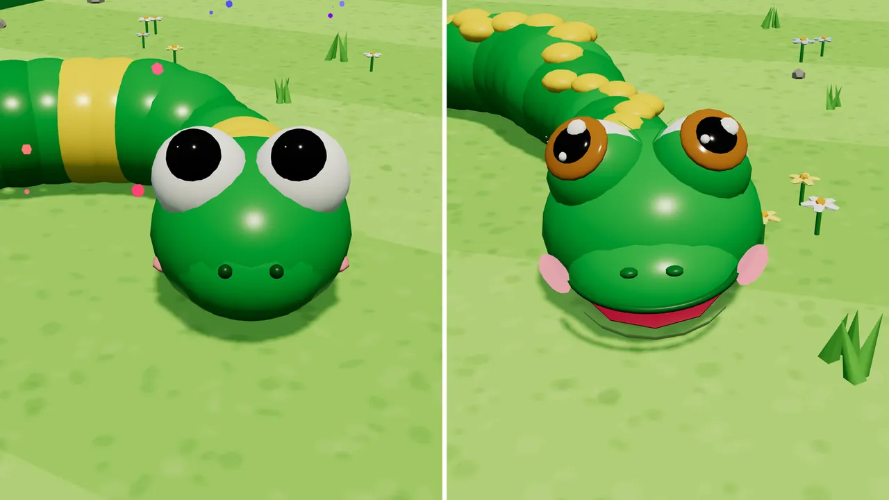Two close-ups of the snake in the Sunny Orchard side by side on striped green grass with little white and yellow flowers: on the left, the first version, a round green head with two big white eyes and plain black pupils, a body of green beads with a wide yellow band and no smile; on the right, Milo today, a bigger head with amber irises and white highlights, eyes set high on the head, pink cheeks, a red smile and yellow dots running along his back