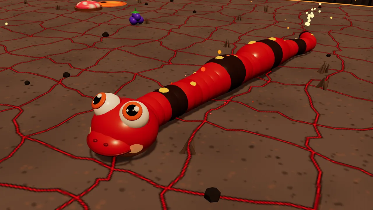 Cinder, a bright red snake with wide dark brown bands, small glowing gold dots and big orange-ringed eyes, slides across the dark brown floor of Ember Forge, cut into plates by thin glowing red cracks; small black rocks and dry spikes lie around, a bunch of purple grapes and a red and white spotted mushroom wait in the back, and a few sparks rise from the tail