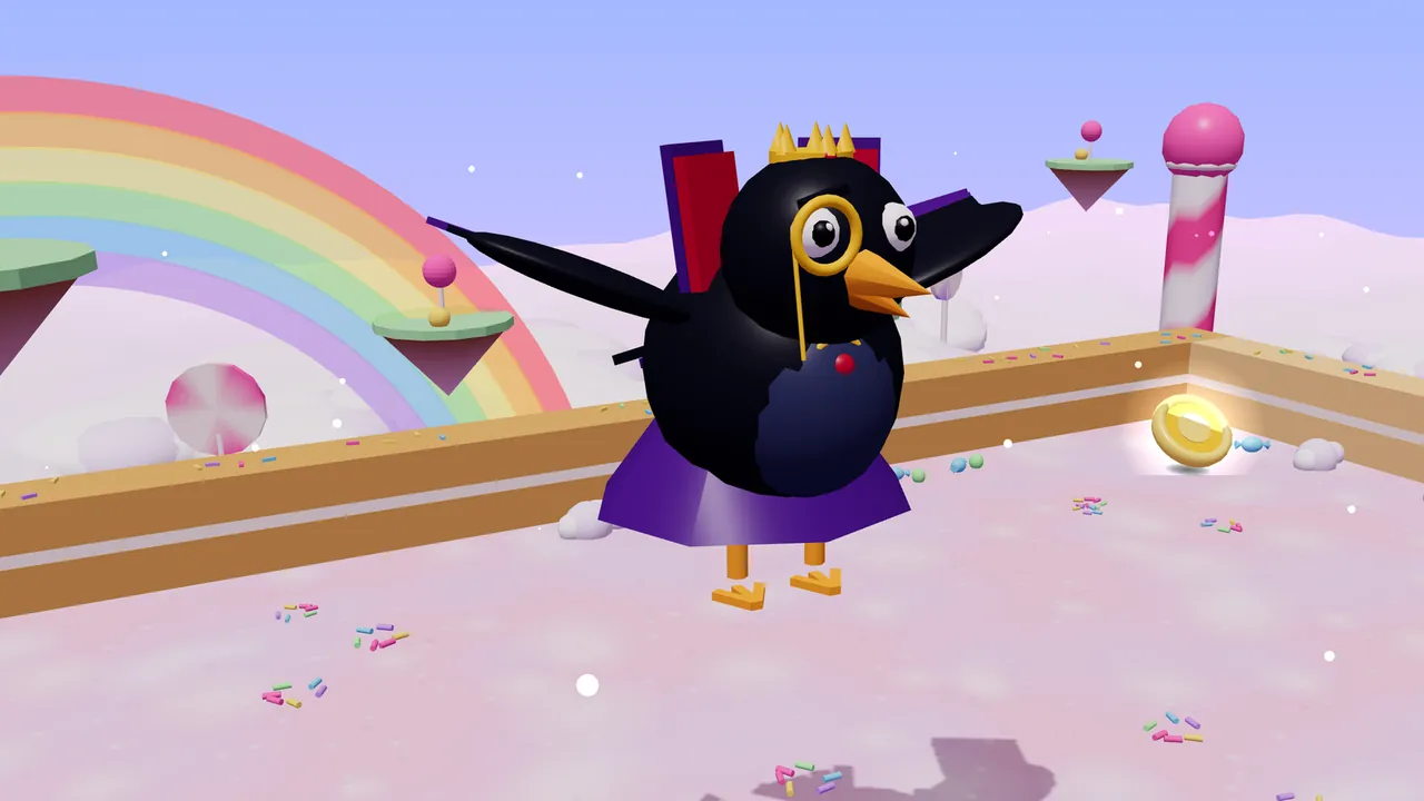 Count Crowbeak, a round black crow with a golden-orange beak, wide eyes, a gold monocle on a chain, a tiny gold crown, a red gem on his chest and a purple cape with a red collar, spreads his wings above the pink floor of the Candy Cloud Kingdom; behind him are a caramel-colored wall, a gold coin, a red apple, floating islands with lollipops, pink and white striped pillars and a pastel rainbow