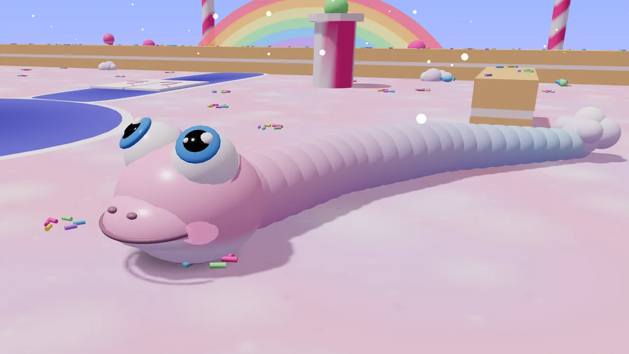 Floss, a soft pink snake with big blue eyes, pink cheeks and a long body that fades from pink to pale blue, ending in a fluffy white cloud at the tip of the tail, lies on the pink floor of the Candy Cloud Kingdom among colorful sprinkles; in the back are a dark blue pool, a caramel-colored wall, a big cake block, a pink and white striped pillar and a pastel rainbow against a blue sky