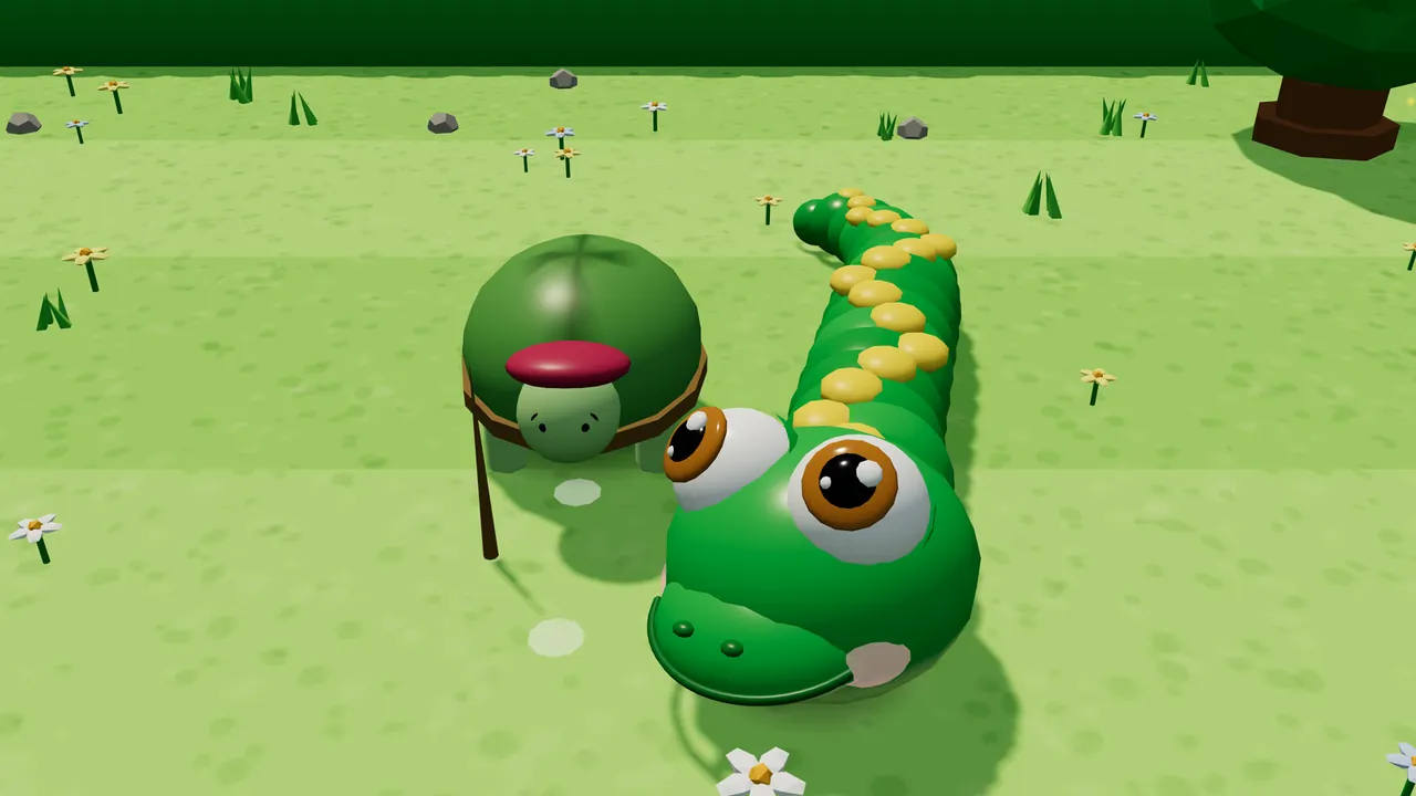 Granny’s Stroll in the Sunny Orchard: Granny Moss, a tortoise with a round green shell, a light green face with two small dark eyes and a raspberry headscarf, leans on her walking stick on the grass, and right beside her, Milo, a green snake with big brown eyes, a pink cheek and a row of yellow spots down his back, lifts his head toward the camera; behind them are a meadow with small white and yellow flowers, gray stones, a long green hedge and a tree