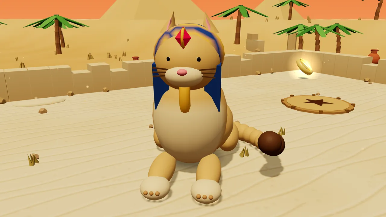 The Sphinx Cat lies like a sphinx in the middle of a sandy arena: a round tan cat with pointed ears, small black eyes, a pink nose and long whiskers, in a blue and gold striped headdress with a red gem in the middle and a golden beard under the chin; her tail ends in a dark brown tuft, a round wooden plate with a star sits on the sand beside her, a gold coin floats nearby, and behind a low stone wall stand palm trees, clay pots and pyramids under an orange sky