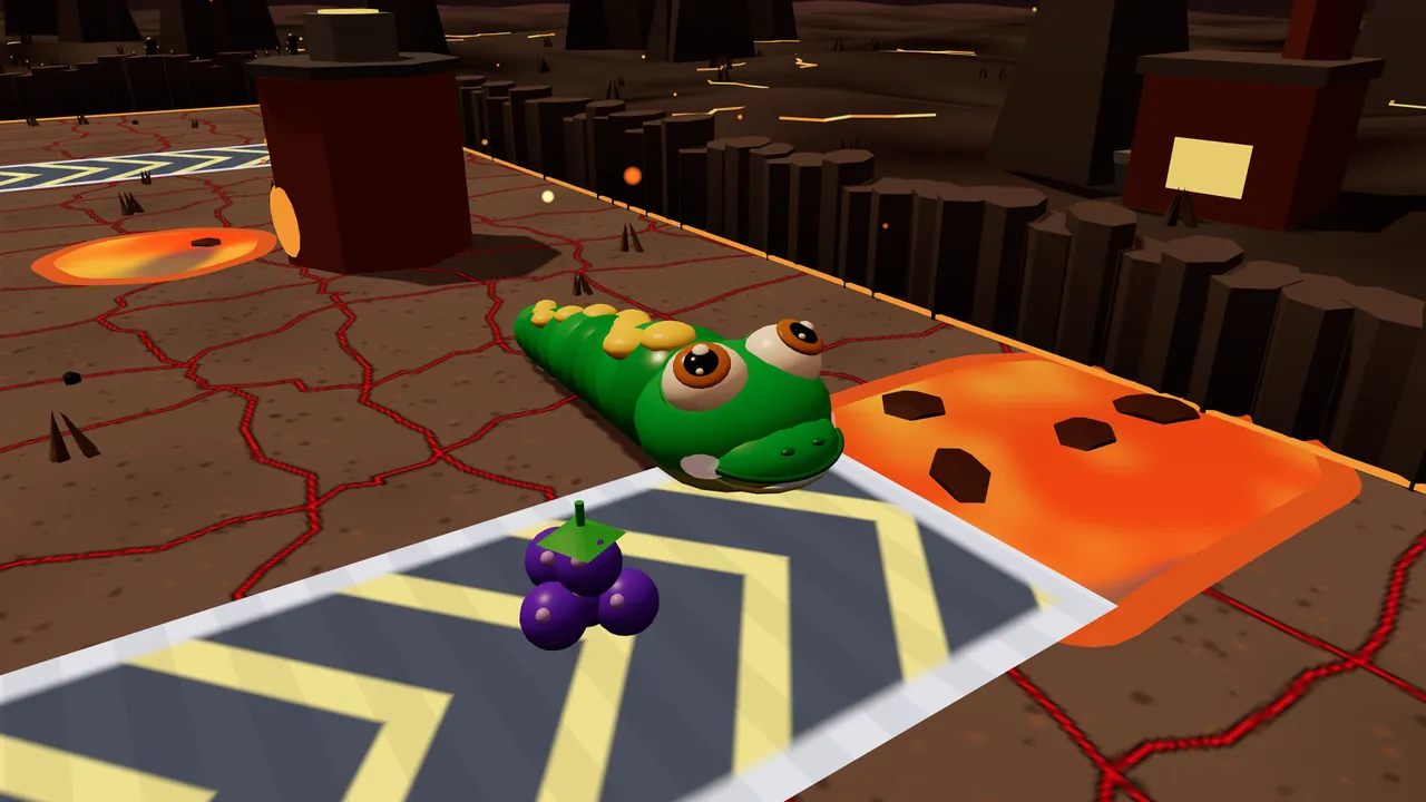 Milo at the end of a striped conveyor belt in a dark volcanic forge, a bunch of purple berries riding the belt behind him and a square of glowing orange lava right beside his head, with a furnace chimney and dark rock walls behind