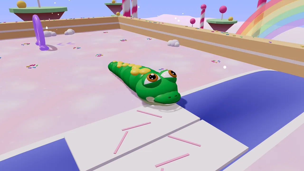 Milo slides onto a white cloud bridge over a deep blue hole in a pink candy island, with floating islands, candy-cane poles, a purple portal ring and a rainbow in the background