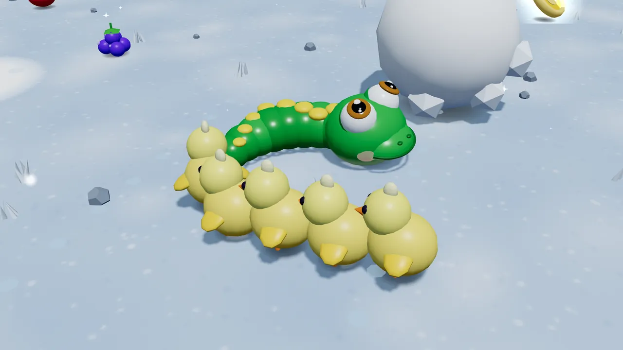Milo, a big green cartoon snake with yellow spots, leads a curving line of small yellow chicks across a snowfield, with a big snowball, purple berries and a golden Sun Coin nearby