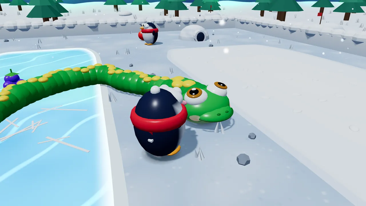 Milo, a big green cartoon snake with yellow spots and huge brown eyes, curls along the edge of a frozen lane while a round penguin in a red scarf stands right at his nose; another penguin, an igloo and snowy pines are in the background