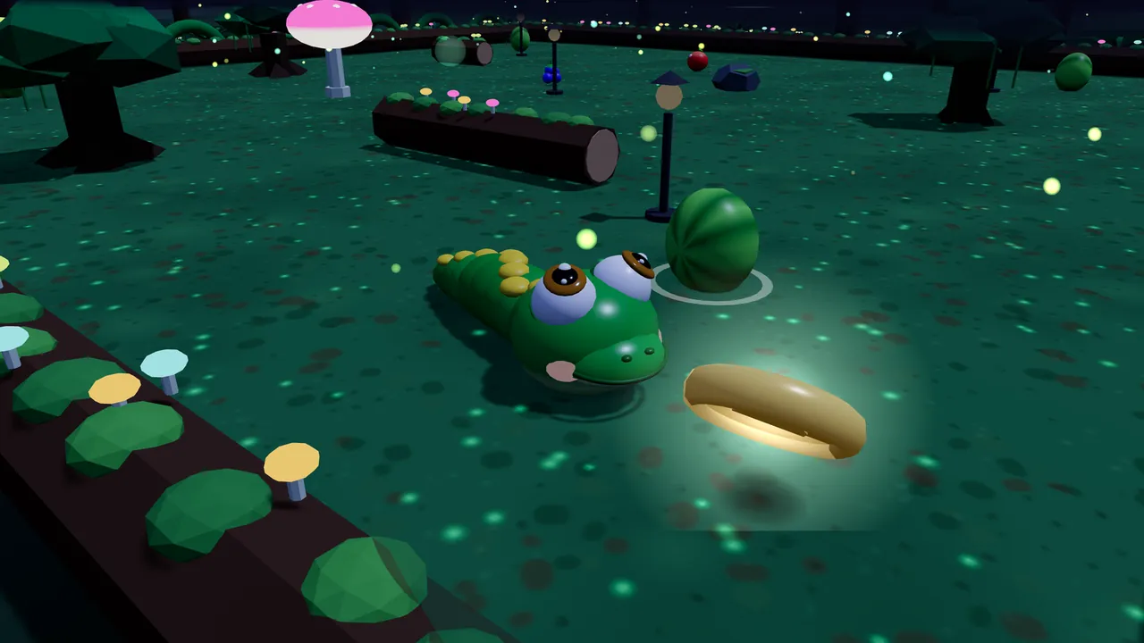 Milo in a dark jungle glade at night, a glowing golden Sun Coin just in front of his mouth and a big striped melon beside a lamp post, with mushrooms along a mossy log and pink toadstools glowing in the dark