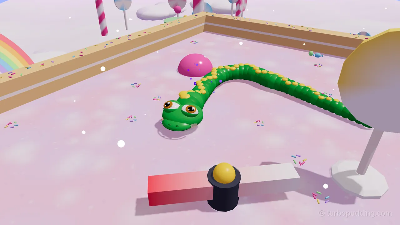 Peppermint Spin in the Candy Cloud Kingdom: Milo, the green snake with yellow spots and big brown eyes, curves across a pink candy meadow scattered with colored sprinkles, his head turned toward the camera; in front of him a spinner turns on a black post with a yellow knob, its long bar fading from red to white, and a big pale lollipop on a white stick stands on the right; a pink gumdrop, a low wafer wall, a rainbow and candy-cane poles are behind him