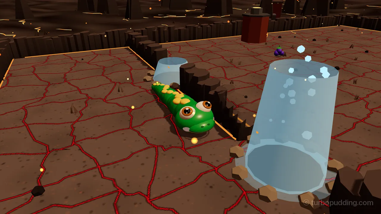 Steam Garden in Ember Forge: Milo, the green snake with yellow spots and big brown eyes, lies on dark brown rock crossed with glowing red cracks beside a low wall of dark basalt columns; right next to him a geyser in a doorway has just gone off, a tall see-through column of pale blue steam with bubbles rising inside it, ringed at its foot by small brown rocks, and a smaller pale column stands in the next doorway along; a bunch of purple grapes and a red furnace chimney are in the back