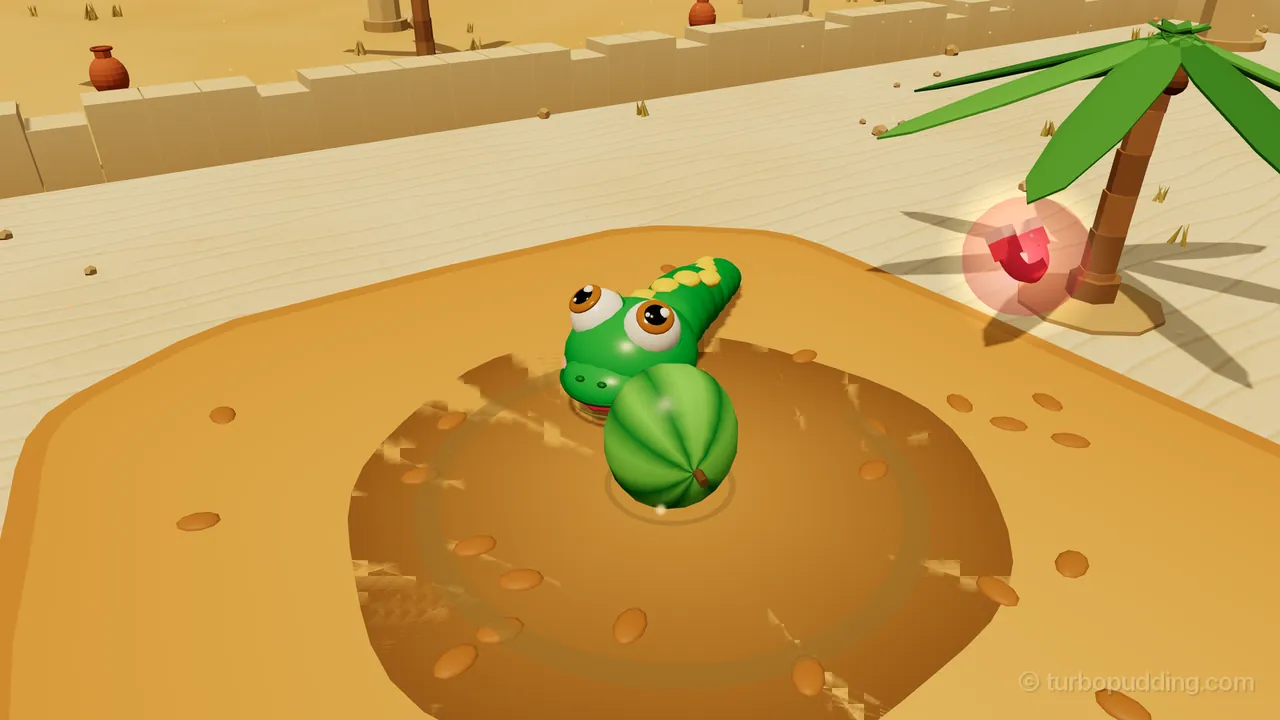 Mirage Oasis: Milo, the green snake with yellow spots and big brown eyes, sits in the middle of a round pit of darker swirling quicksand on a patch of orange sand, with a big striped green melon right in front of his mouth; to the right a red horseshoe magnet floats inside a glowing pink bubble at the foot of a palm tree, and pale rippled sand, a low wall of old sandstone blocks and two clay pots fill the back