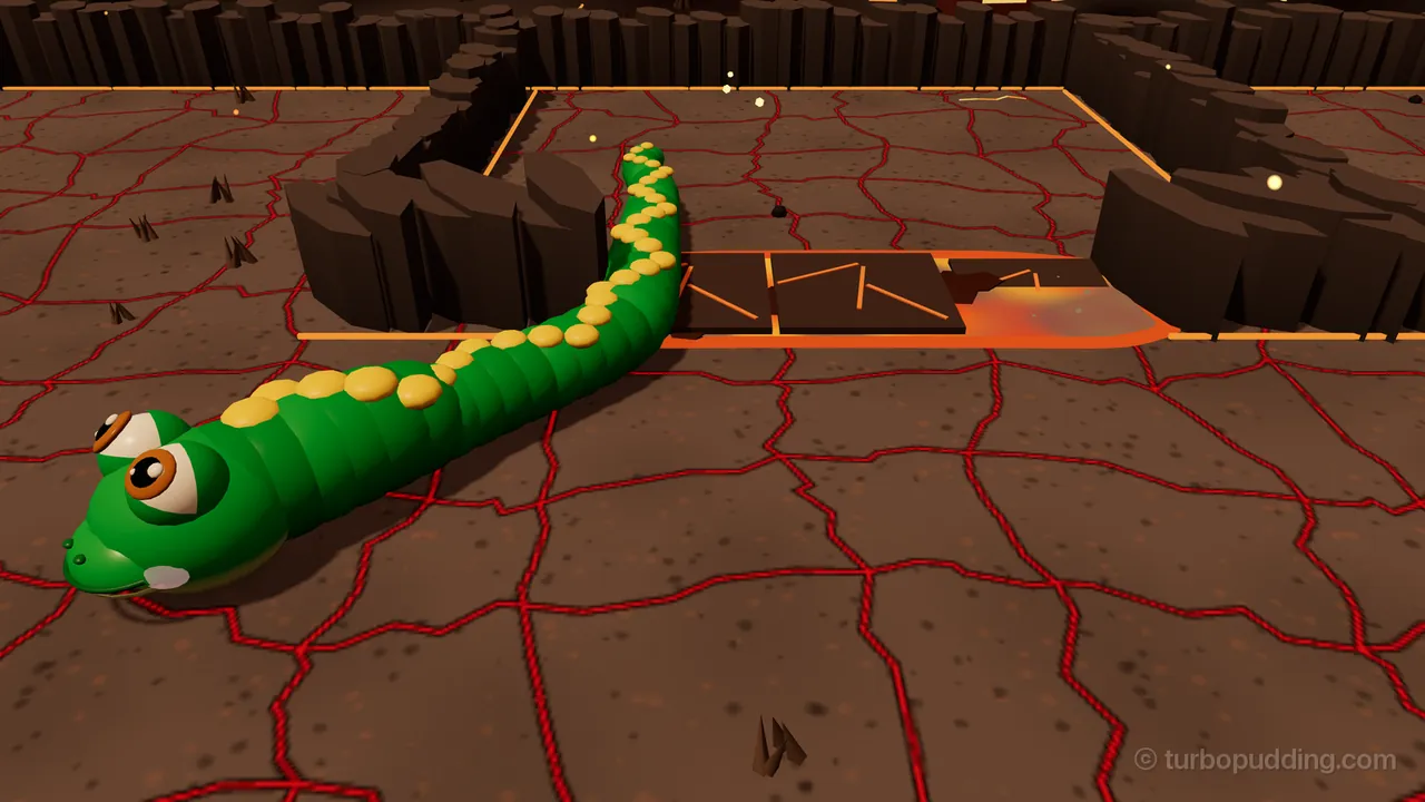 Cinder Crossing in Ember Forge: Milo’s head, big and close in the bottom left corner, faces the camera on dark brown rock crossed with glowing red cracks, while his long green body with yellow spots curves back past a floor of square basalt slabs into a garden walled with dark stone columns; at the right end of the slab floor one slab has sunk, and bright orange lava glows in the gap