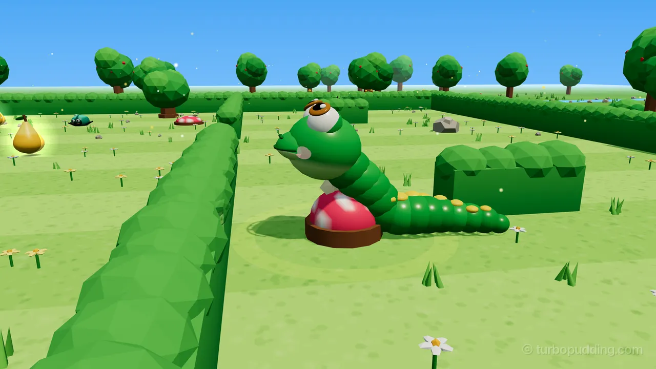 Hop Garden in the Sunny Orchard on a bright day: Milo, a green snake with yellow spots and big brown eyes, springs up off a red jump pad with white spots on a brown base, his head lifted high in the air and his eyes turned up, while the rest of his body still trails on the grass behind him; on the left a long low hedge runs away from the camera, a short block of hedge stands behind him, a golden pear glows at the far left, a teal beetle and another red jump pad sit far back on the striped lawn, and round low-poly trees line the horizon under a blue sky