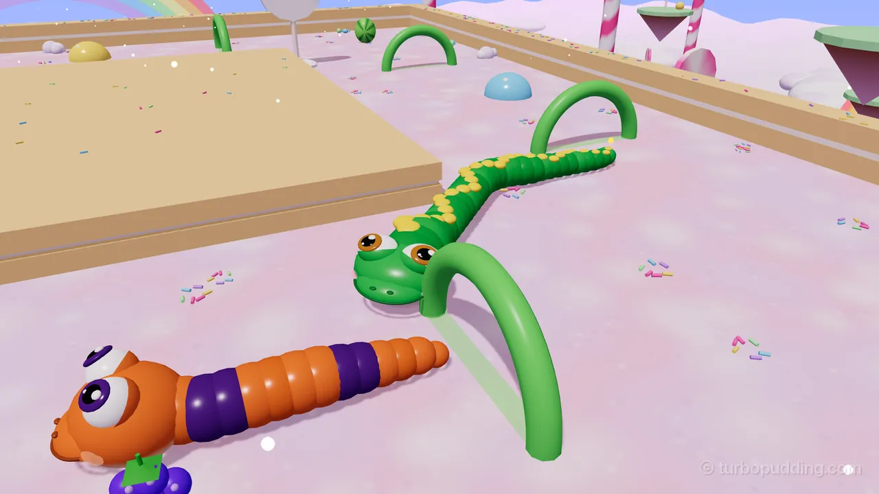 Rainbow Rally in the Candy Cloud Kingdom: in front, Sprocket, an orange racing snake with two wide purple bands and big purple eyes, slides past a bunch of purple grapes, and just behind it Milo, a green snake with yellow spots and big brown eyes, pokes his head through a green ring arch standing on the pink candy floor scattered with colored sprinkles, his body trailing back toward another green arch; a big square wafer island sits on the left, blue and yellow gumdrops dot the track, and beyond the low wafer wall are a rainbow, candy-cane poles, a lollipop and small floating islands