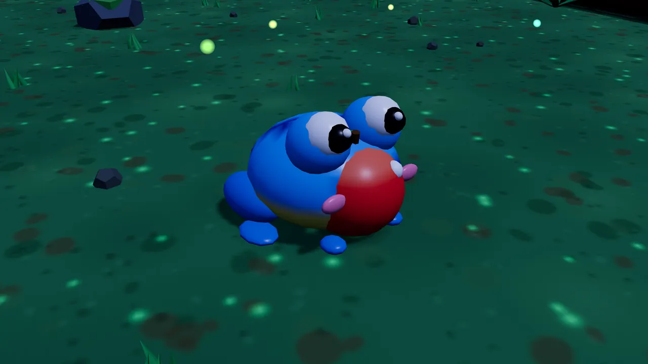 A bright blue frog, drawn large in the middle on the dark teal jungle floor dotted with glowing green specks: it has a round glossy body with a yellow belly, two big eyes on top of its head with black pupils, pink cheeks and stubby blue feet, and it holds a shiny red apple with a short brown stem against its mouth; small dark rocks, a few grass blades and floating yellow-green lights sit around it