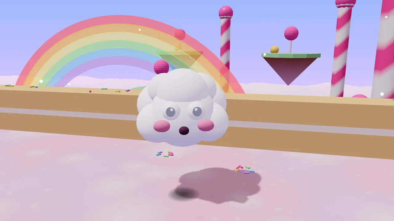A fluffy white cloud puff floats toward the camera over a pink candy floor, drawn large in the middle: it is a bunch of soft white puffs with a lilac shade underneath, two big gray eyes, round pink cheeks and a small dark mouth open in an O, with a pink lollipop ball peeking over its top; behind it are a tan wafer wall, a big pastel rainbow, pink and white striped candy poles, a floating island with a lollipop and a yellow candy ball, and colorful sprinkles scattered on the floor under a pale blue sky
