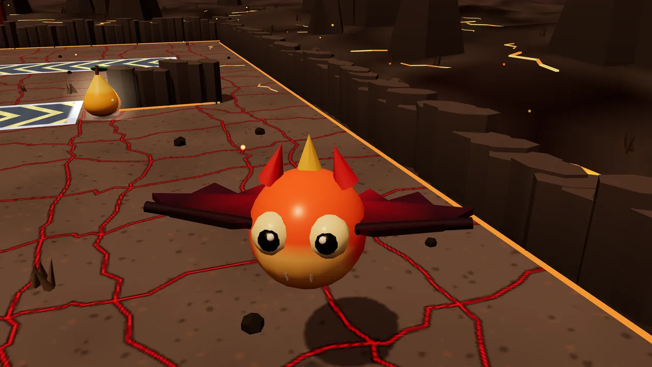 A fire bat flies toward the camera over a brown stone floor laced with glowing red cracks, drawn large in the middle: its body is a round glossy orange ball fading to yellow underneath, with two big cream eyes with black pupils, two tiny white fangs, two pointed red ears and a yellow flame tuft on top, and its dark plum wings with red inner parts spread wide to both sides; behind it are a golden pear on the floor, strips of yellow chevron arrows, a wall of dark basalt columns and dark ground with glowing lava streaks beyond