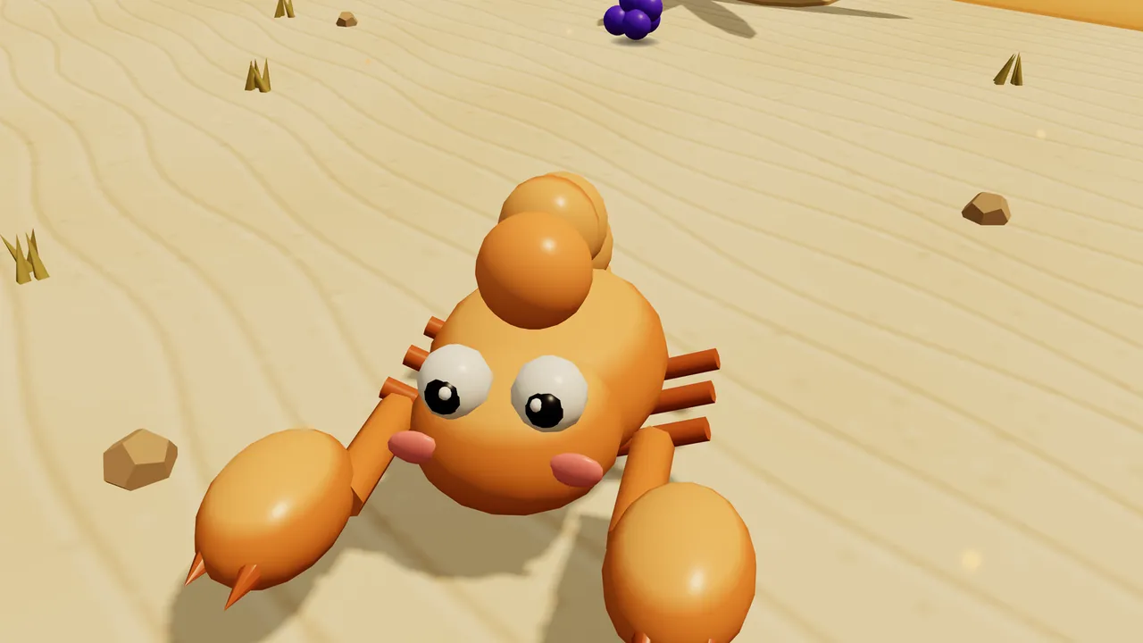 A sandy-orange scorpion faces the camera on pale rippled sand, drawn large in the middle: its round body and head are glossy orange, with two big white eyes looking to the side and two pink cheeks, its tail curls up over its back as a stack of round orange segments, two big round claws with small pointed tips reach toward the bottom of the frame, and short orange legs stick out on both sides; small brown rocks, dry yellow grass tufts and a purple grape cluster dot the sand around it