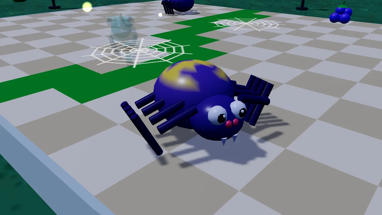 A round spider, drawn large in the middle on a checkered floor of gray and white tiles crossed by a trail of green tiles: its body is a glossy deep purple ball with jagged yellow patches on top, its head is a smaller ball with two big white eyes, two pink dots and two small pale fangs, and eight thin dark legs bend out to the sides; behind it, two white spider webs lie on the floor, a see-through pale blue chameleon stands half hidden near the left web, another spider walks at the top edge and a blue berry cluster sits at the top right, with the dark green jungle floor beyond