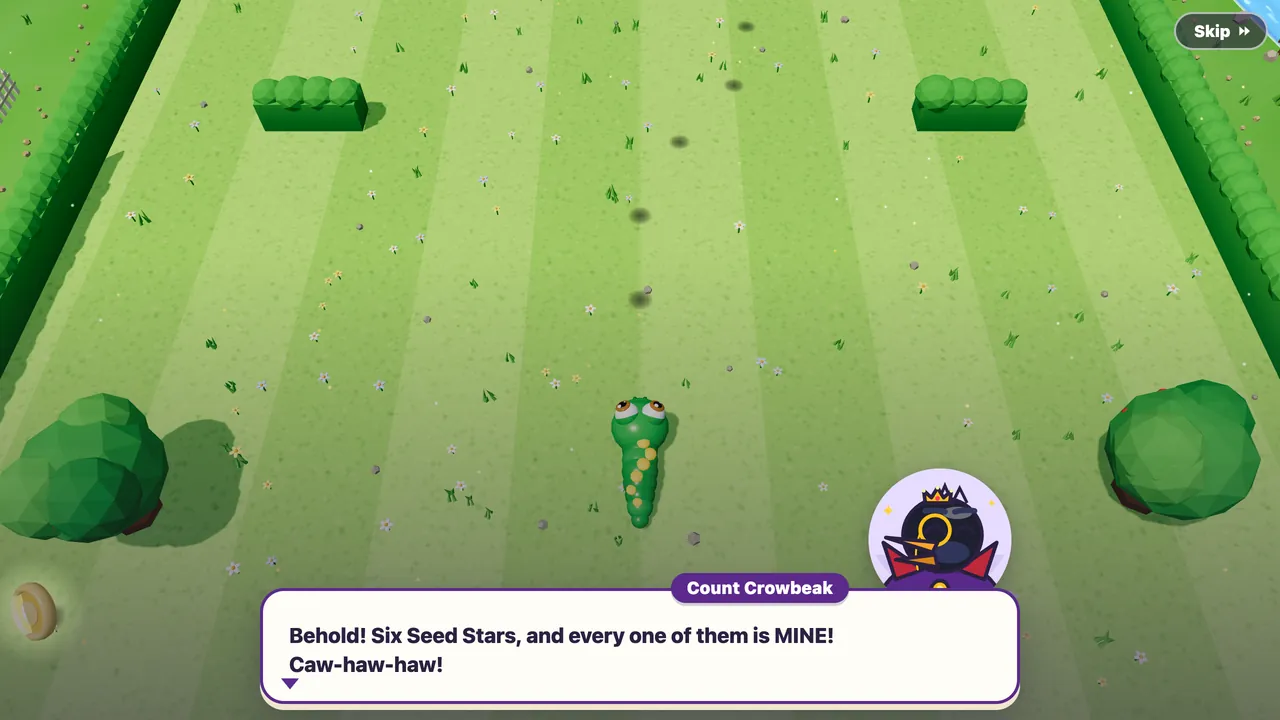 Count Crowbeak gloating in a speech bubble over the orchard while Milo the snake listens