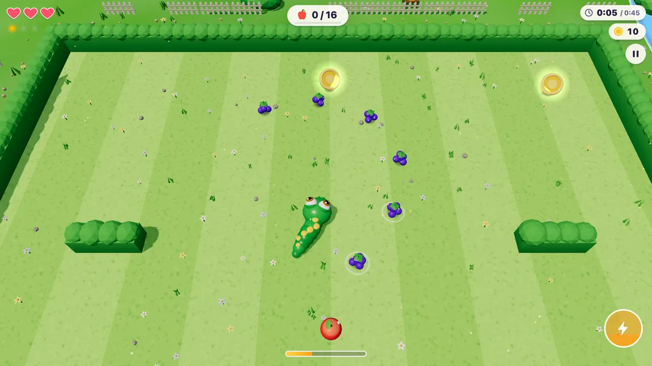 Lassoodle’s first level: a green snake on a striped orchard lawn with berries, hedges and golden Sun Coins