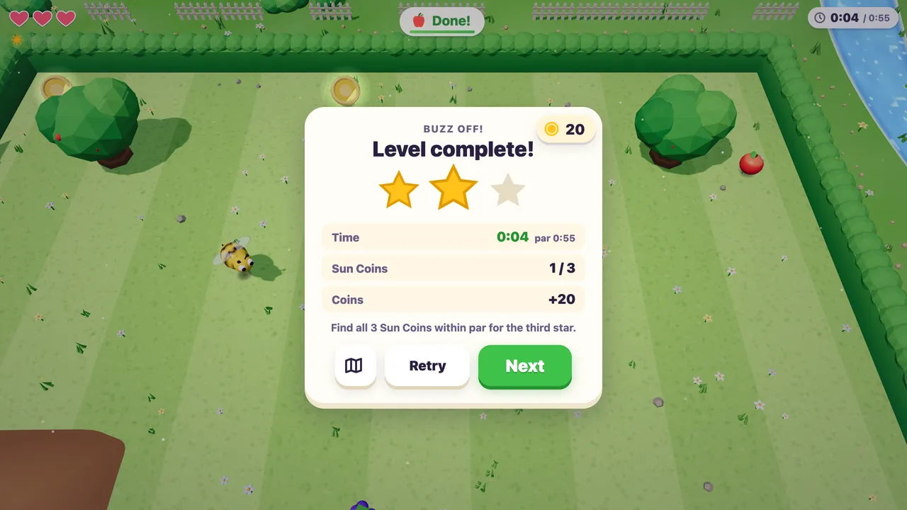 The Level complete card for Buzz Off! showing two stars, the time under par and one of three Sun Coins