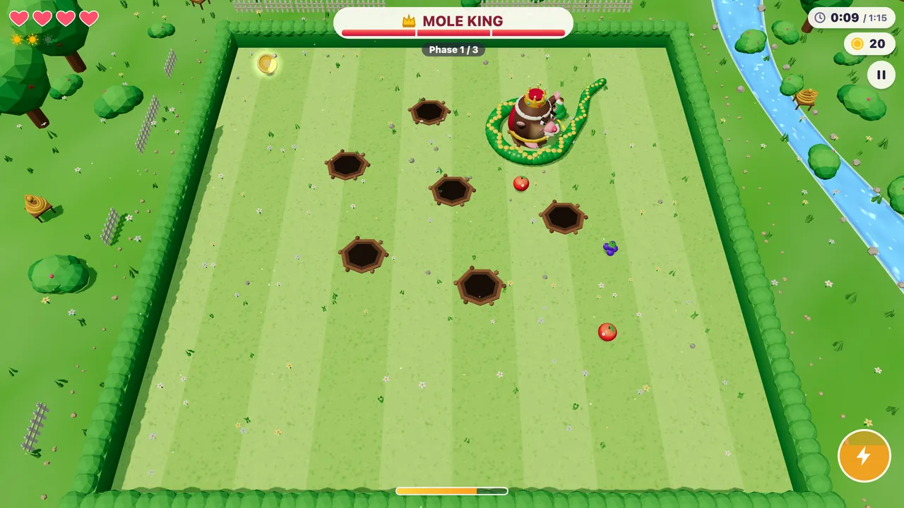The Mole King boss fight: Milo curls around a mound on a lawn full of mole holes, the boss bar at the top
