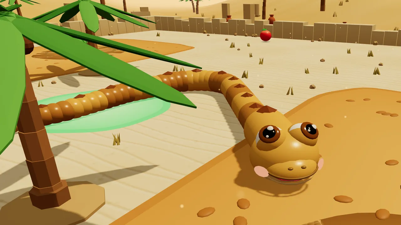 Sandy, a golden snake with big brown eyes, pink cheeks and brown diamond bumps along the back, slides out onto a patch of soft orange sand dotted with darker flecks, with the rest of the body curving back across pale sand past a palm tree and over a glowing green oasis spring, while a red apple waits in front of a long low ruin wall with clay jars in the distance