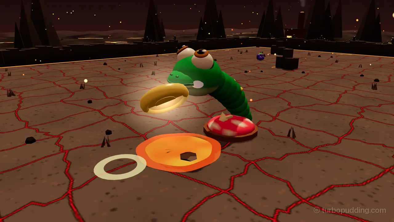 Cinder Crossing in Ember Forge: Milo, the green snake with big orange-ringed eyes, springs up off a red jump pad with white spots, his neck arched forward and his mouth open toward a glowing gold Sun Coin ring floating above a small round pool of bright orange lava with a dark rock in the middle; a pale ring glows on the cracked brown floor beyond the pool, and black spikes, a bunch of purple berries and dark peaks fill the back