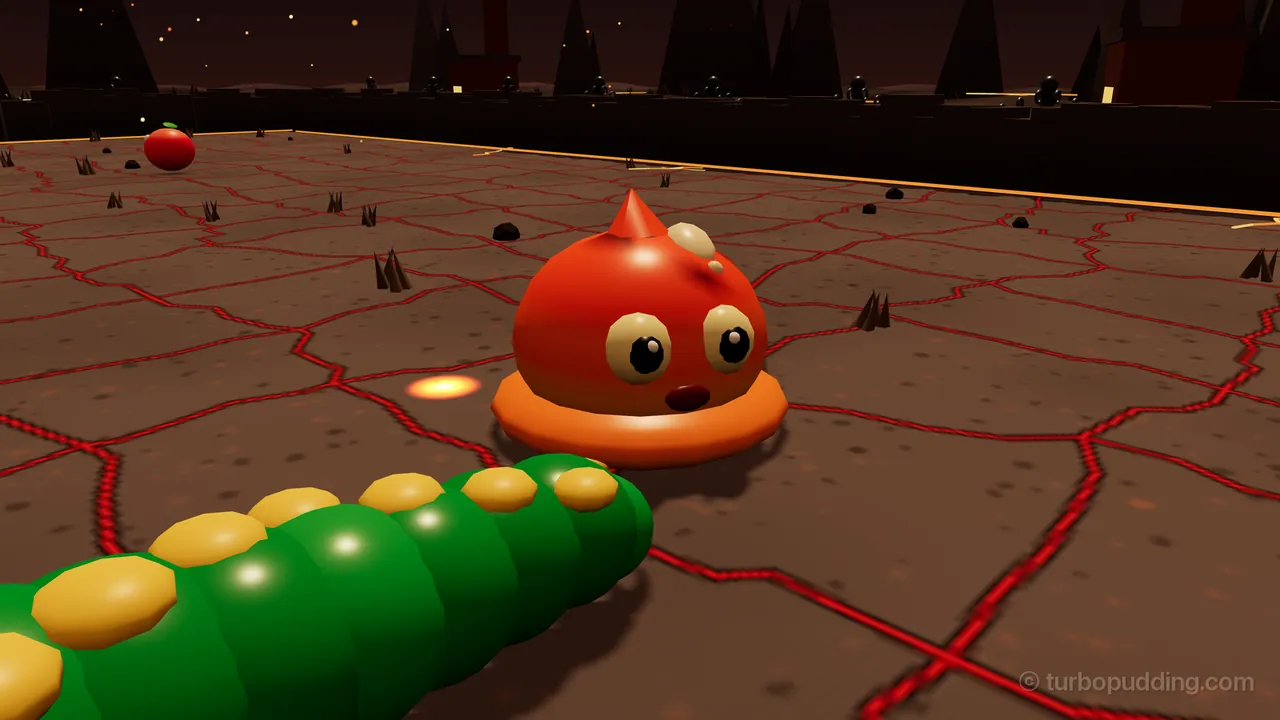 A magma slime in Ember Forge seen up close: a round red-orange blob with a small horn on top, two big round eyes and a little open mouth, sitting on a wide orange rim on dark brown rock crossed with glowing red cracks; a small patch of fire glows on the floor to its left, Milo’s green body with yellow spots crosses the bottom left corner, and a red apple and dark forge walls wait in the back