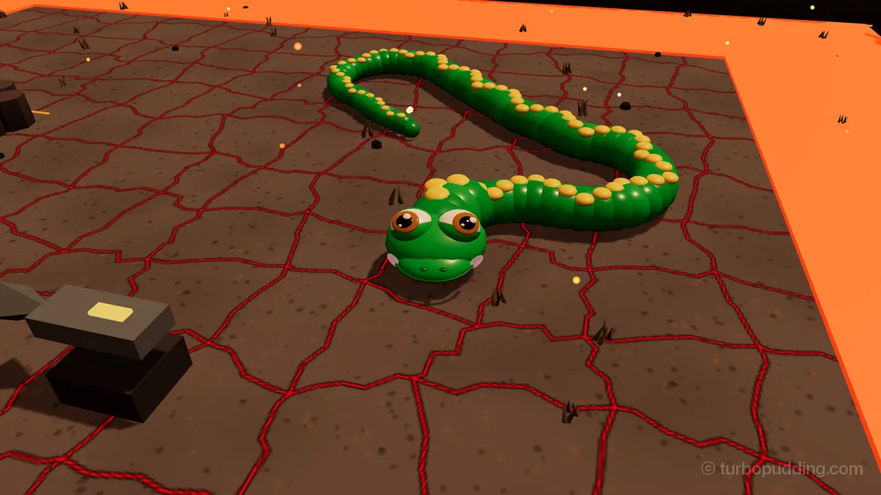Ember Ring in Ember Forge: Milo, the green snake with yellow spots along his back and big orange-ringed eyes, faces the camera in the middle of a dark brown yard crossed with glowing red cracks, his long body curling back behind him; flat bright orange lava has crept in along the top and the right side of the yard, a black anvil stands in the bottom left corner, and small sparks float in the air