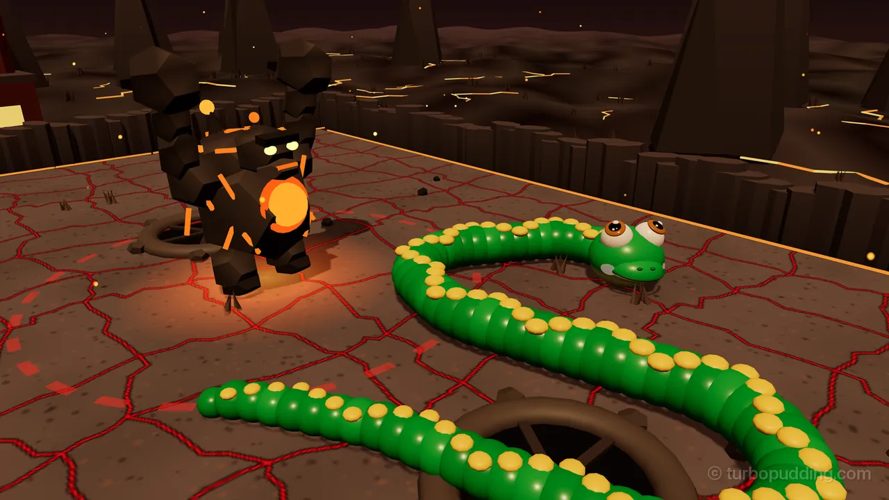 The Magma Golem in the Ember Forge arena, a hulking creature of black rock with glowing orange cracks, yellow eyes and a bright molten core in his chest, raises both rocky fists for a slam while a dashed red ring marks the floor around him; Milo, the green snake with yellow spots and big orange-ringed eyes, watches him from the right with his long body curving toward the camera past a round iron steam vent, and dark peaks and glowing lava streams fill the background