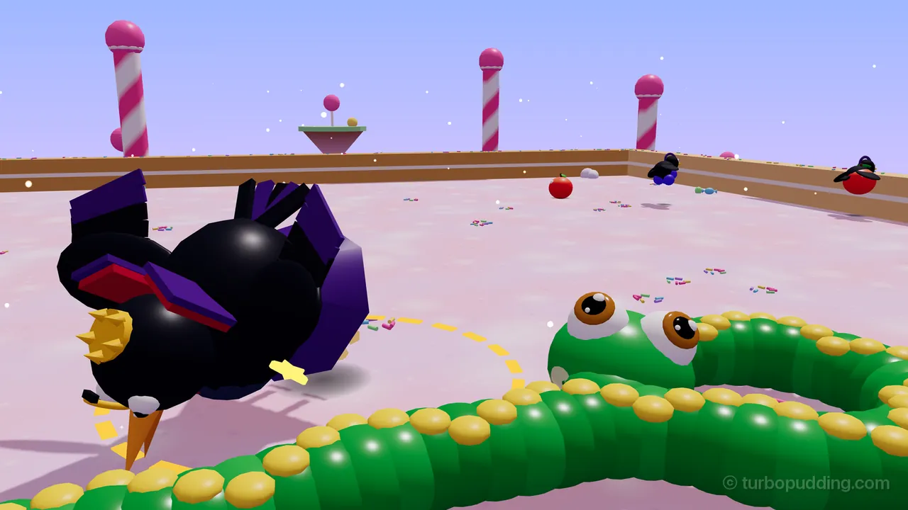 Count Crowbeak, a glossy black crow with a small gold crown, a purple cape and a long golden-orange beak, tipped forward mid-dive with his beak pointed at the pink candy floor and his fanned tail feathers sticking up, a dashed golden ring on the floor beside him; Milo, the green snake with yellow spots, watches him with wide orange eyes from the right, his long body curving across the front, while two little crowlings carry off an apple and blueberries near the wall in the back, under striped candy-cane pillars, a floating island and a lavender sky