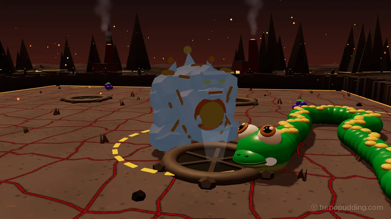 The Magma Golem in the Ember Forge arena, cooled down into a pale ashen gray crust with a dull orange glow left in his chest, standing in a column of white steam over a round iron vent, a dashed golden ring on the cracked brown floor around him; Milo, the green snake with yellow spots and big orange eyes, has slithered right up to him with his long body curving off to the right, and behind them rise dark peaks, smoking chimneys and glowing embers in a dusky red sky