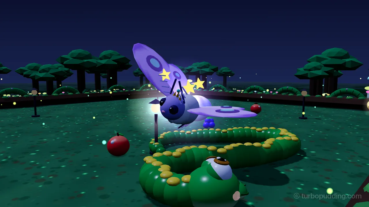 The Moth Empress, a fluffy lilac moth with big dark eyes, feathery antennae, a little gold tiara and wide lilac wings with round blue spots, tumbling in the air next to a glowing lamp post with three yellow dizzy stars spinning around her head, in a dark night grove with low blocky trees, glowing mushrooms along the wall and drifting fireflies; below her lie a red apple and a bunch of blueberries, and Milo, the green snake with yellow spots, curls through the front of the picture with his head at the bottom edge