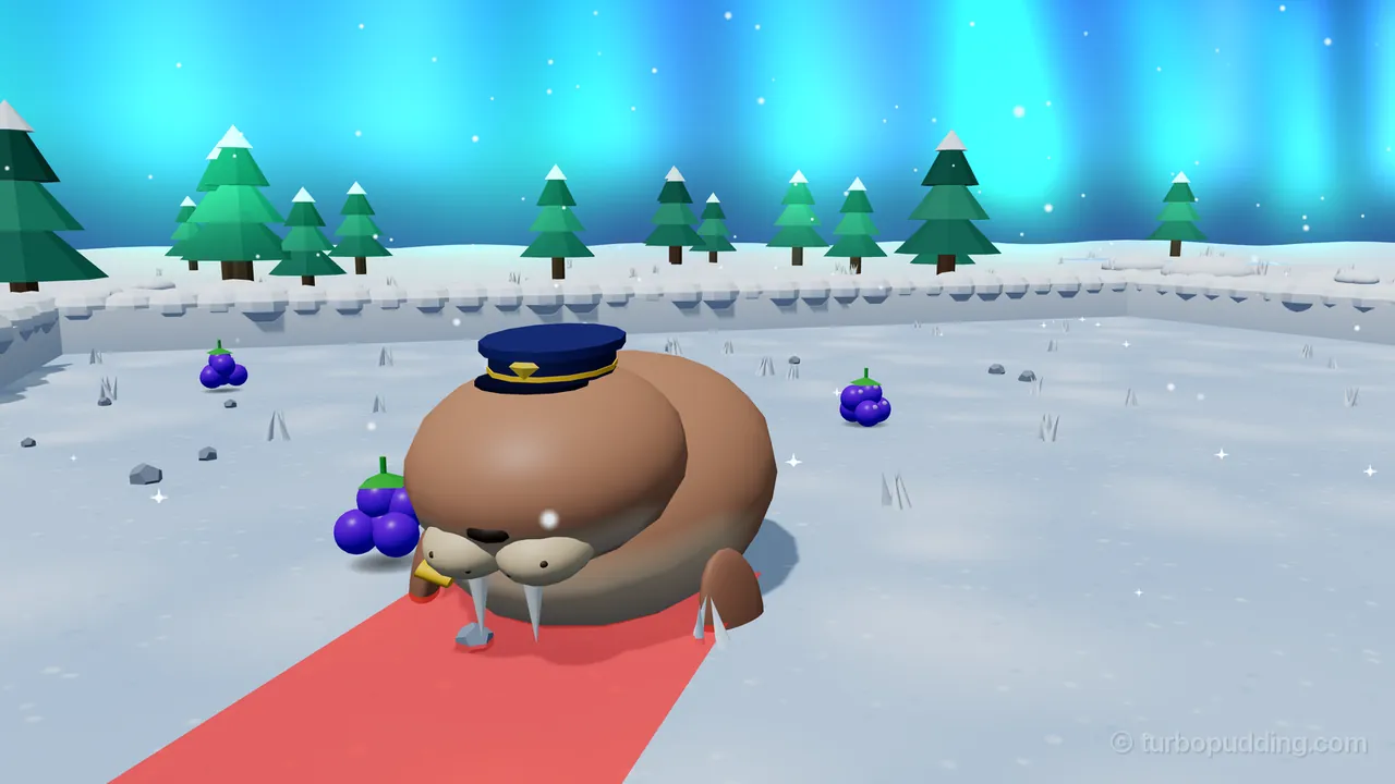 The Walrus Warden, a big round tan walrus in a navy cap with a gold band, belly-sliding straight toward the camera across a snowy arena along a wide red lane, his long white tusks and puffy whisker pads in front, a little gold whistle at his mouth and his flippers tucked at his sides, with bunches of blueberries on the snow around him, a low wall of snow blocks behind, snowy pine trees and a bright teal northern lights sky