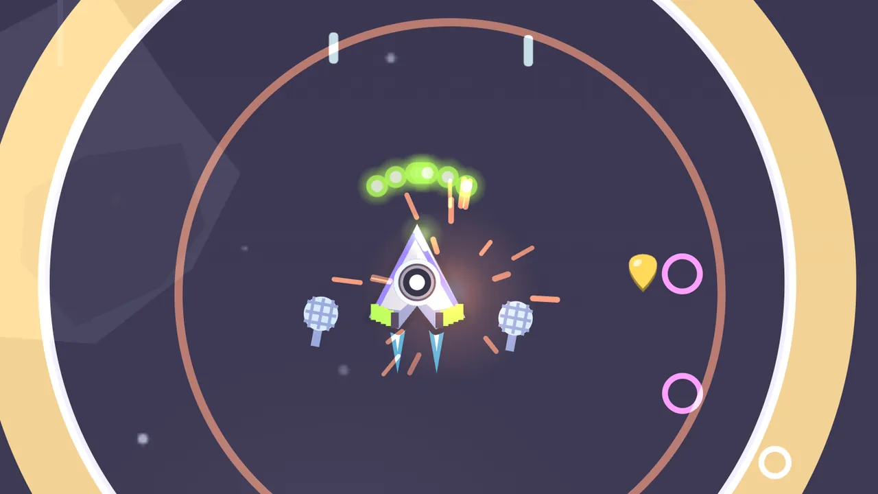 Volta’s ship, a white and lilac arrowhead with a round speaker in the middle and lime-green wing tips, sits at the center of a Drop going off over the dark purple sky of Pirate Cove: a wide cream ring with a white inner edge rolls outward around it, a thinner copper ring follows inside, short orange sparks fly off the ship, a fan of green CHORD shots glows just above its nose, two little pale blue microphones hover at its sides, and a gold guitar pick, two small pink rings and a white one float on the right