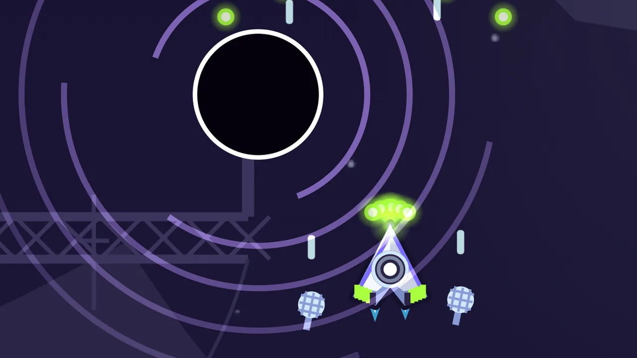 Over Pirate Cove, a Scratch hangs above Volta’s ship: a big black disc with a white rim floats in the dark purple sky inside wide lilac rings that curl around it like the grooves of a record, while the ship below, a white and lilac arrowhead with lime-green wing tips, fires a fan of green CHORD shots up toward it, with two pale blue microphones at its sides and the gray lattice of an old relay tower on the left