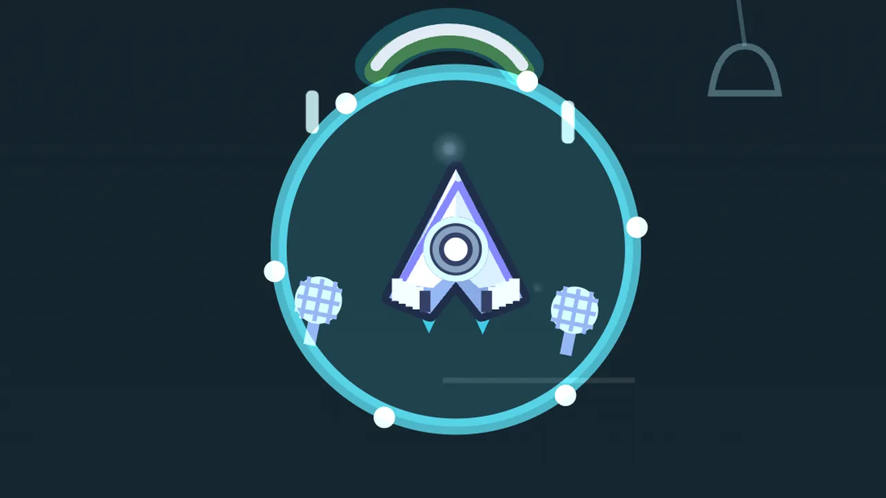 In Bell Garden, against a dark teal sky, Volta’s ship sits inside a Wall of Sound, a see-through cyan ring with six small white dots spaced around its edge, with two pale blue microphones inside the ring at the ship’s sides, a green and white arc of BASS just leaving the top of the ring, two thin pale shots beside it and the gray outline of a bell hanging at the top right