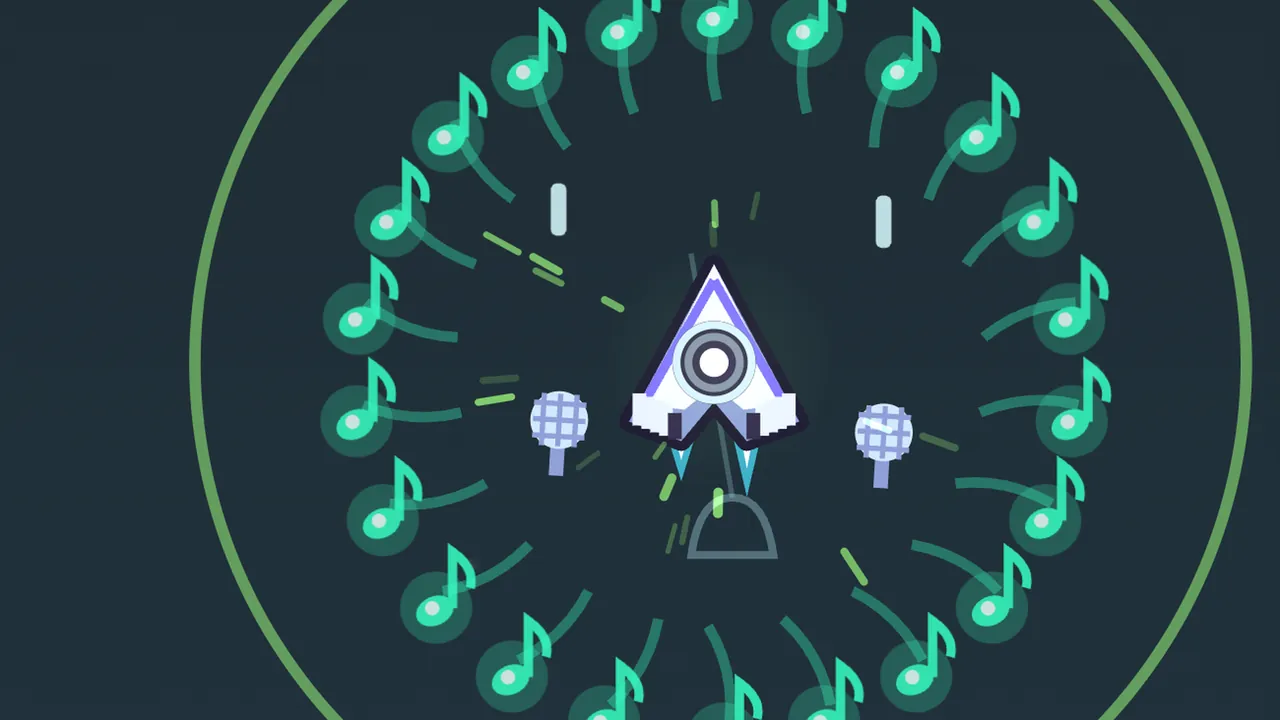 In Bell Garden, against a dark teal sky, Volta’s ship sits in the middle of an Ovation: a wide ring of bright green music notes, each with a soft glow and a curling tail, surrounds it, a thin green ring spreads even wider around them, short green streaks fly between the notes and the ship, two pale blue microphones hover at the ship’s sides and the gray outline of a bell hangs just below it